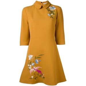 Ona Womenswear Mustard Yellow Embroidered A-Line Swing Dress‎ Wool Blend XXL